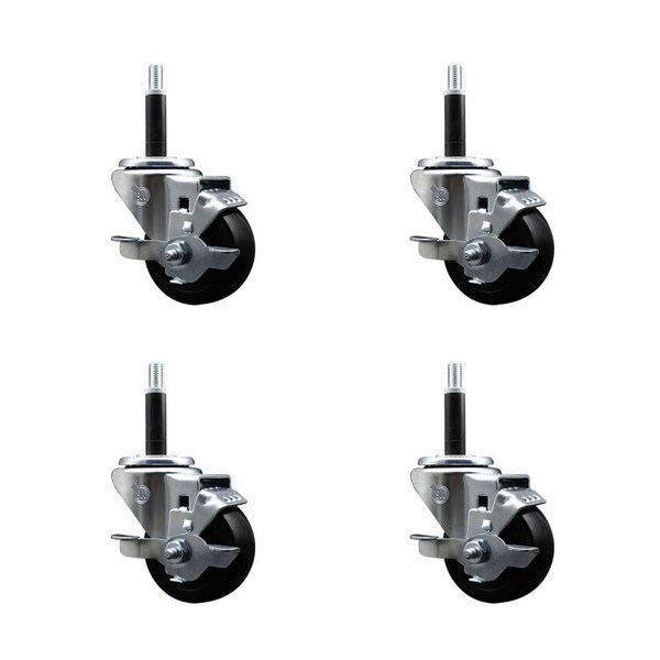 3'' SS Soft Rubber Swivel 3/4'' Expanding Stem Caster Set with Brake, 4PK
